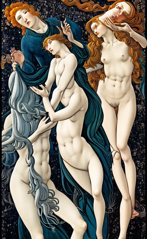 Image similar to 3 figures representing Winter, in a mixed style of Botticelli and Æon Flux, inspired by pre-raphaelite paintings and shoujo manga, symbolic, dramatic composition, hyper detailed, stunning inking lines, flat colors, 4K photorealistic