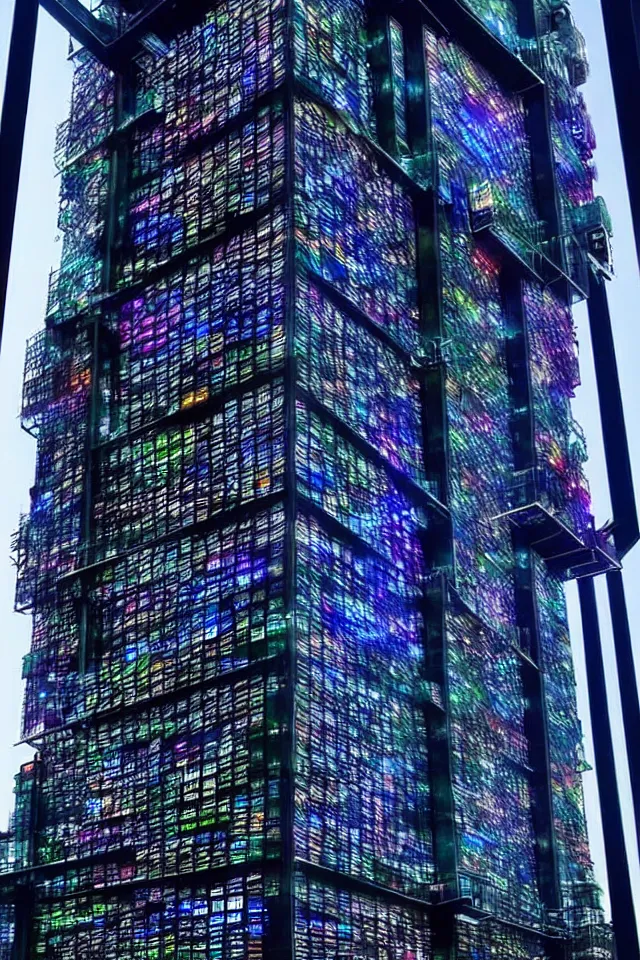 Image similar to cyberpunk tower made out of billions of stacked computer screens