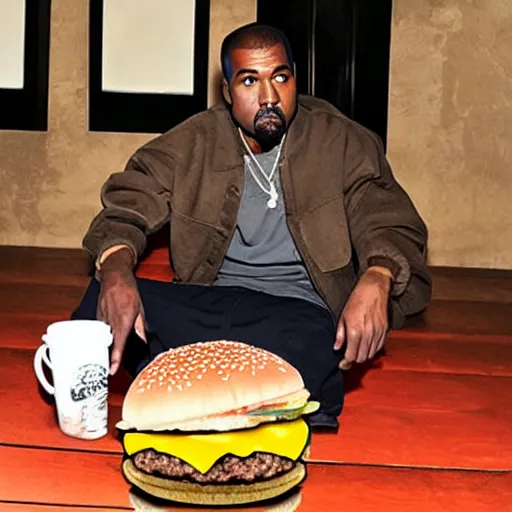 Image similar to kanye west sitting on a giant cheeseburger