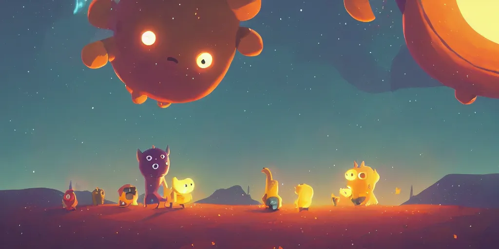 Image similar to cute monsters and dark starry sky with Milky Way galaxy by Goro Fujita and Simon Stalenhag , 8k, trending on artstation, hyper detailed, cinematic