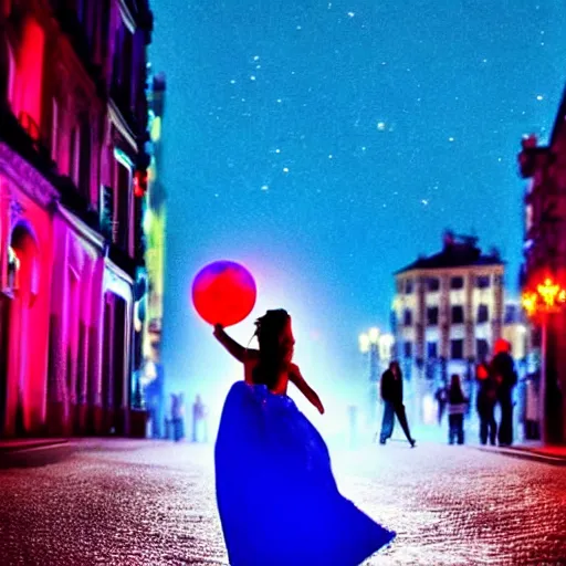 Image similar to princess dancing in the street during the night with a blue and red moon shining on the city, blue and warm lights, radiant light