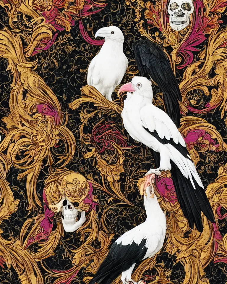 Image similar to photographic masterpiece of an albino raven standing on a colourful ornate skull on a black velvet table cloth, art nouveau wallpaper in background