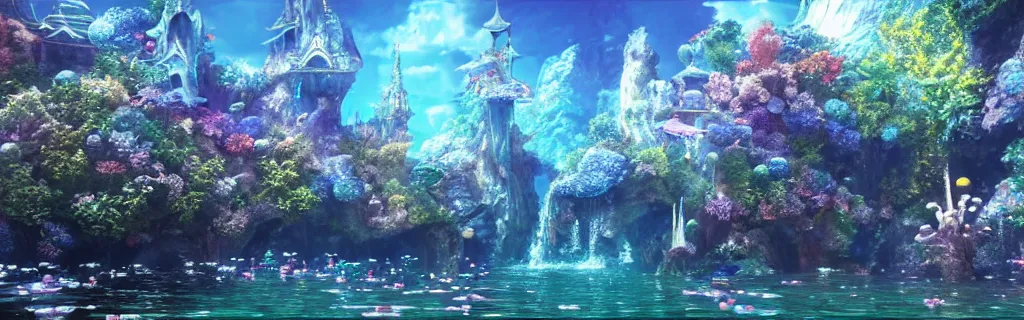 Image similar to a ultra realistic cg rendering of underwater wonderland, dream, magnificent palace, serene landscape, by yoshitaka amano ， unreal engine ， 4 k resolution,