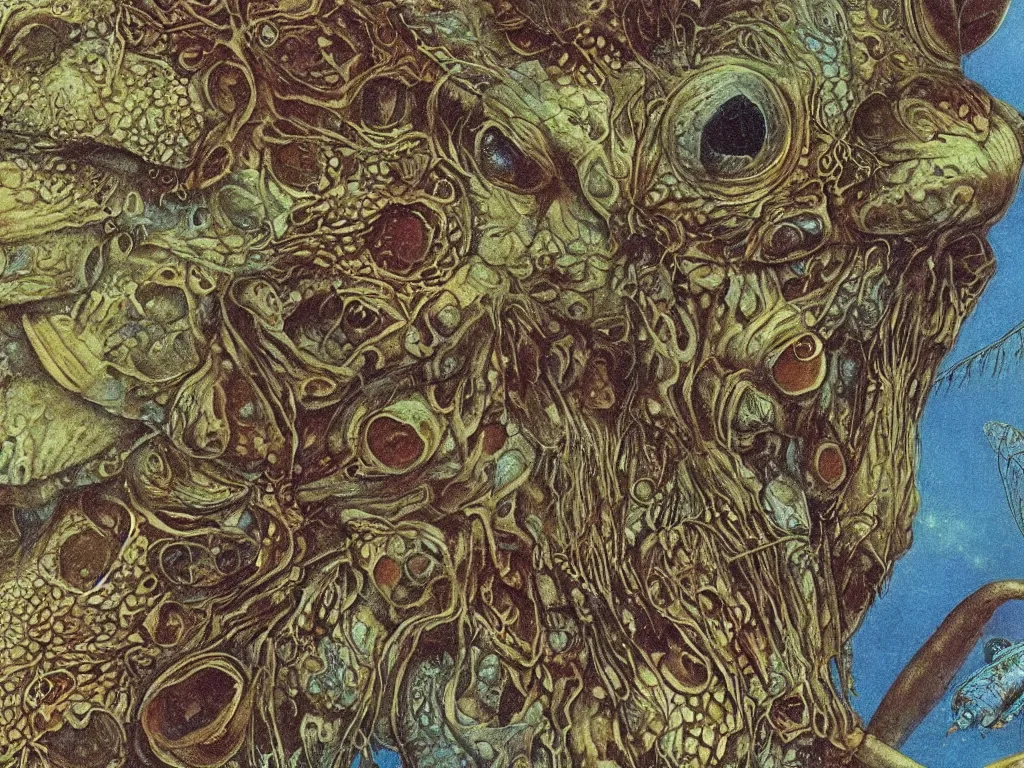 Prompt: Close up of Polyommatus icarus. Eyes. Painting by Ernst Haeckel, Roger Dean.