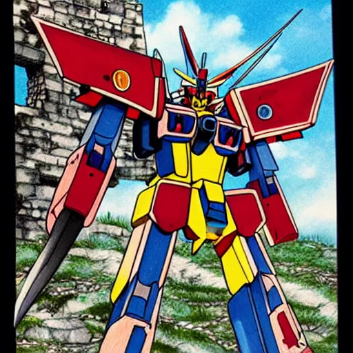 Image similar to detailed intricate color manga illustration of a gundam mech warrior destroying a medieval village