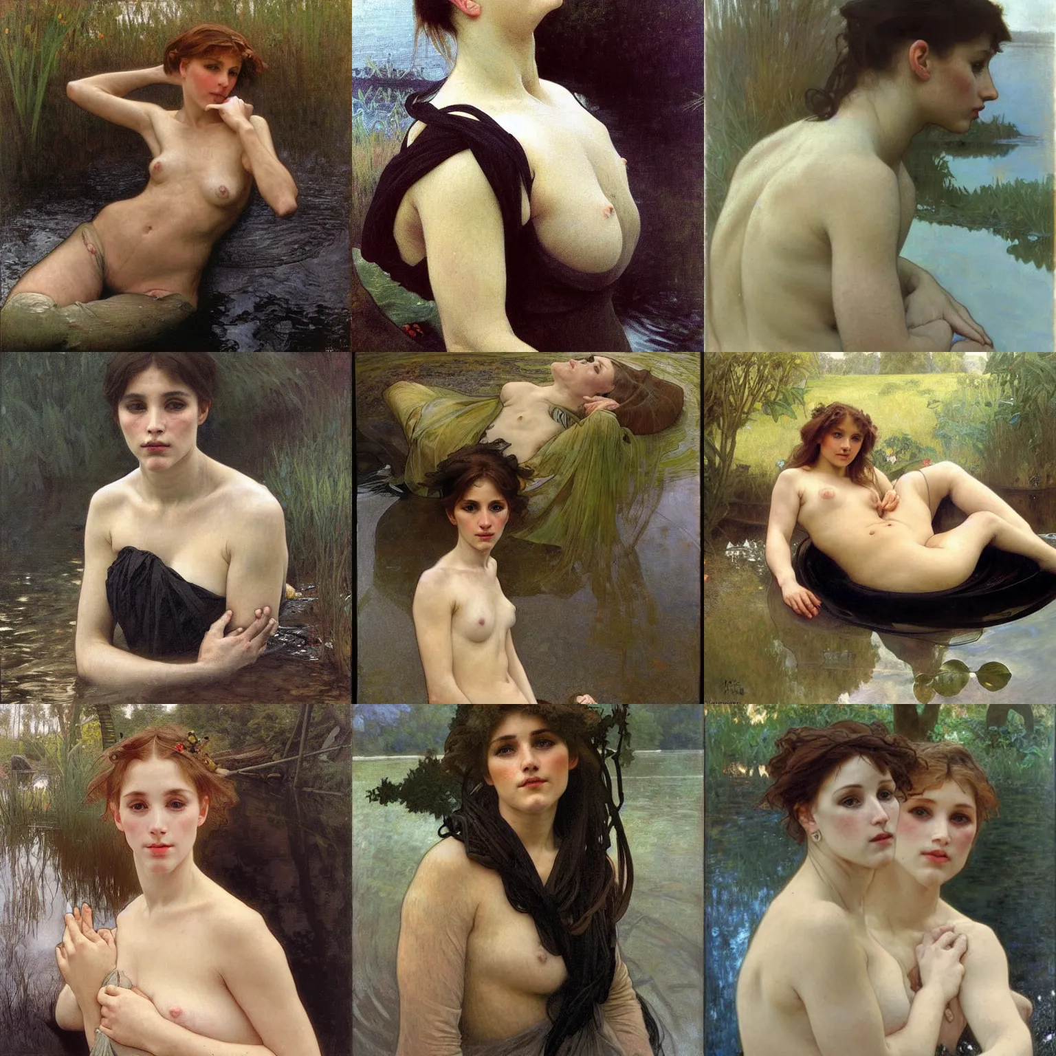 Prompt: hyperrealist portrait in a river, half body, dark black water, by alphonse mucha and lucian freud and bouguereau, foggy twilight lighting, very detailed faces