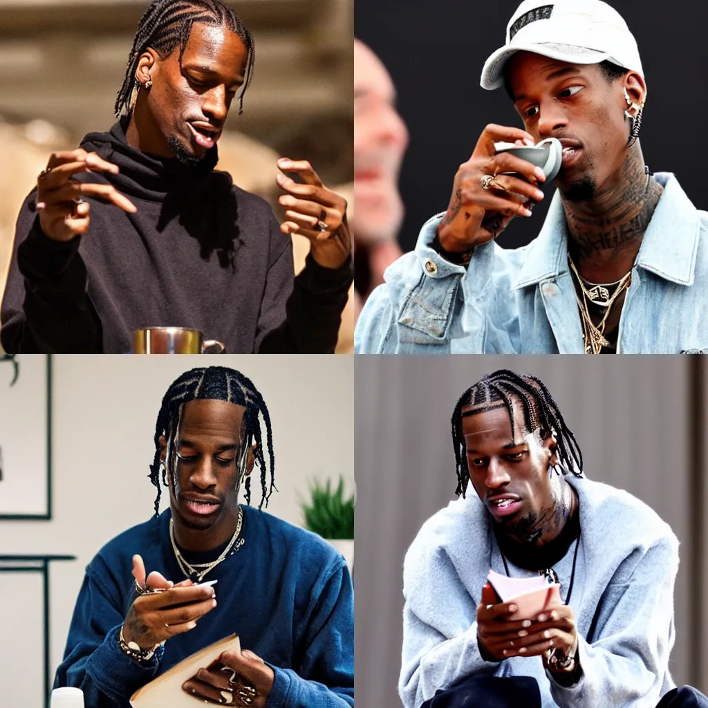 Prompt: travis scott reading the bible and drinking tea