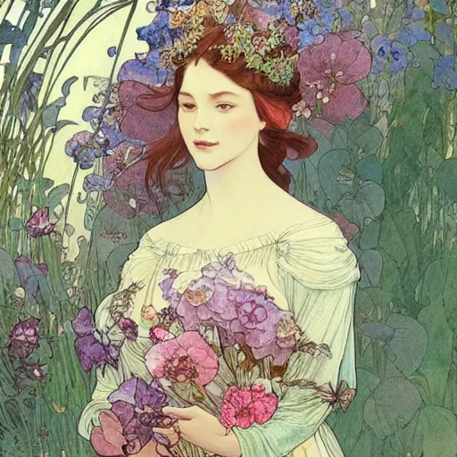 Image similar to a beautiful intricate watercolor illustration of a princess in a garden with flowers, leaves, 4 k, ultra - wide angle, by william turner, by victo ngai, by alphonse mucha, by moebius, by gustave dore, hd, trending on artstation, hyper detailed, muted intense colors