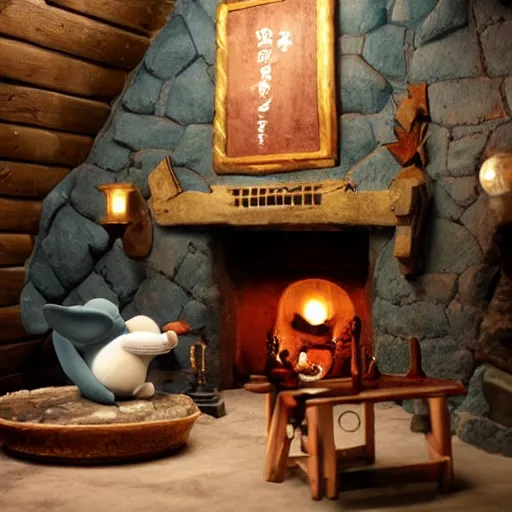 Image similar to studio ghibli mouse dressed in medieval clothing sitting is a big blue armchair, warm lighting, sitting by a small fireplace