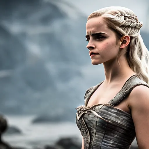 Image similar to Emma Watson as Daenerys Targaryen, XF IQ4, f/1.4, ISO 200, 1/160s, 8K, Sense of Depth, color and contrast corrected, Nvidia AI, Raytracing, Dolby Vision, in-frame