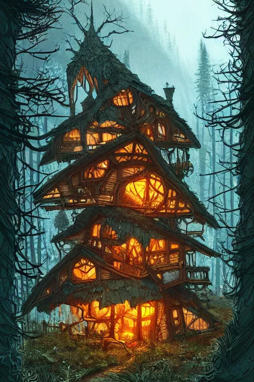 Image similar to a storybook style ramshackle multistory fairytale hut in the forest, intricate, elegant, fantasy, highly detailed, digital painting, concept art, sharp focus, artstation, in style of Laurie Greasley