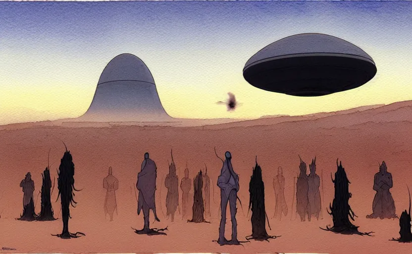 Prompt: a hyperrealist watercolour character concept art portrait of a 1 0 ft. tall thin alien with a high forehead on a misty night in the desert. a small group of people are watching from the foreground. a ufo is in the background. by rebecca guay, michael kaluta, charles vess and jean moebius giraud