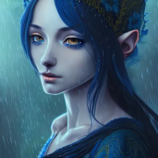 Image similar to highly detailed portrait of an elven fairy, in the rain, highly detailed, painting, dark blue and black color palette, intricate, high quality anime artstyle, in the style of ilya kuvshinov