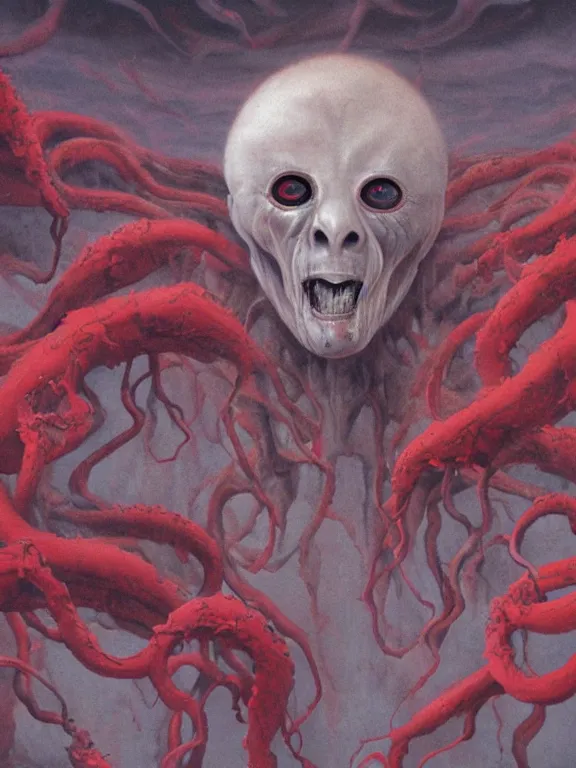 Image similar to wayne barlowe painting of a flying sorrowful looking severed human head with tears running down it's eyes, face that is chalk white in color, with long white tentacles stemming from it's neck, fiery scorching red eyes, background sprawling terrifying hellish cave with lava flowing through it's walls, 4 k