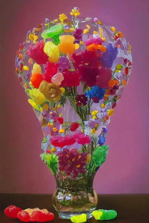 Image similar to painting of gummy flowers in a vase on a table, by rachel ruysch, pop surrealism, biomorphic, made of gummy bears flowers and jelly beans flowers, translucent gummy glowing delicious texture