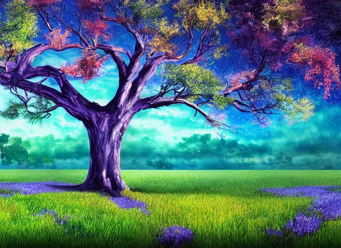 Prompt: giant azure tree with blue leaves in the distance, fields in foreground, magical, fantasy, digital art, colorful, divine, massive scale