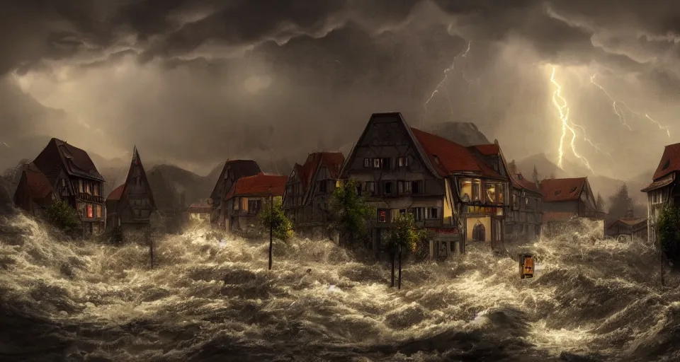 Image similar to dramatic landscape art of a german town being flooded during a thunderstorm, background art, concept art, dramatic lighting, trending on artstation