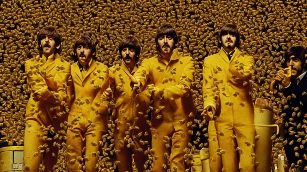 Image similar to The Beatles!!! drowning in honey! in a large honey jar, film still from the movie directed by Denis Villeneuve with art direction by Salvador Dalí, wide lens