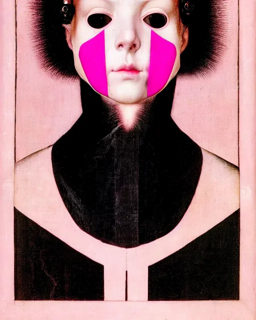 Prompt: symmetrical portrait of a woman face with pink frizzy hair, wearing a embroidered black mask by alexander mcqueen, bjork aesthetic, masterpiece, in the style of rogier van der weyden and jacopo da pontormo, cyberpunk