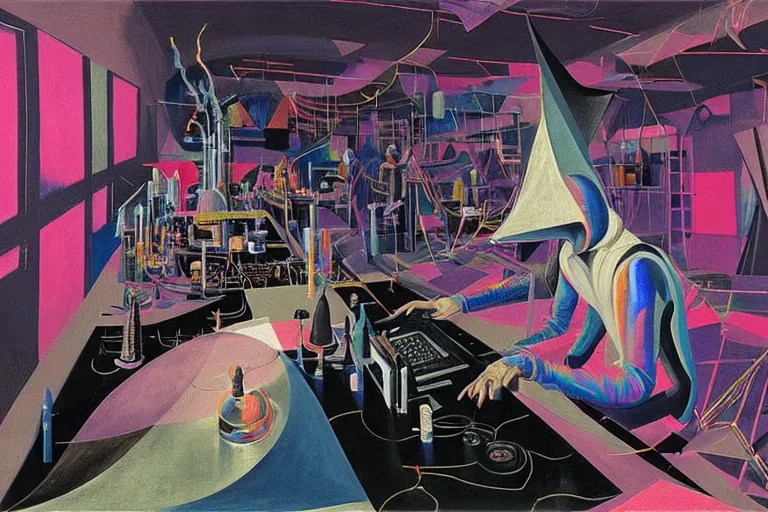 Image similar to a highly detailed beautiful masterpiece painting of a technomancer wizard in dazzle camouflage robes with pointed hood tampering with the world engine in his laboratory near a computer by Remedios Varo and Anato Finnstark and Greg Rutkowski and Andy Warhol and Francis Picabia, dayglo pink, dayglo blue, prismatic, pearlescent white, raven black, glowing, hyperrealism, 8k, trending on ArtStation