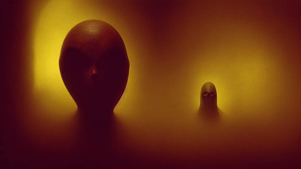 Image similar to a strange floating alien blob wearing a large creepy jester mask hovering in the living room, film still from the movie directed by denis villeneuve with art direction by zdzisław beksinski, wide lens