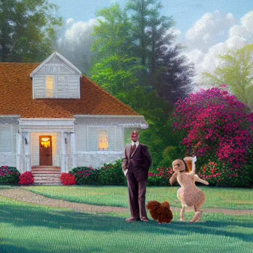 Prompt: painting of a mom, dad, toddler and brown poodle in front of 1 9 6 0's white farm house, in the style of thomas kinkade