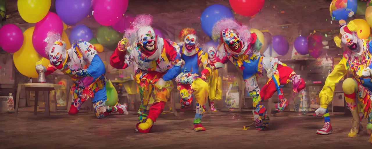 Image similar to clown gang drinking, wide angle, photo realistic, extreme detail, 8K , octane render, cinematic