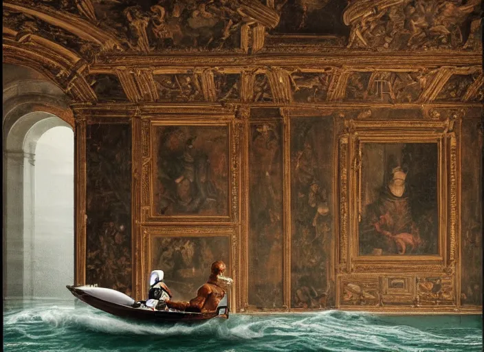 Prompt: a portrait of a humanoid robot sitting in a small boat in a renaissance castle room flooded with water, half figure,