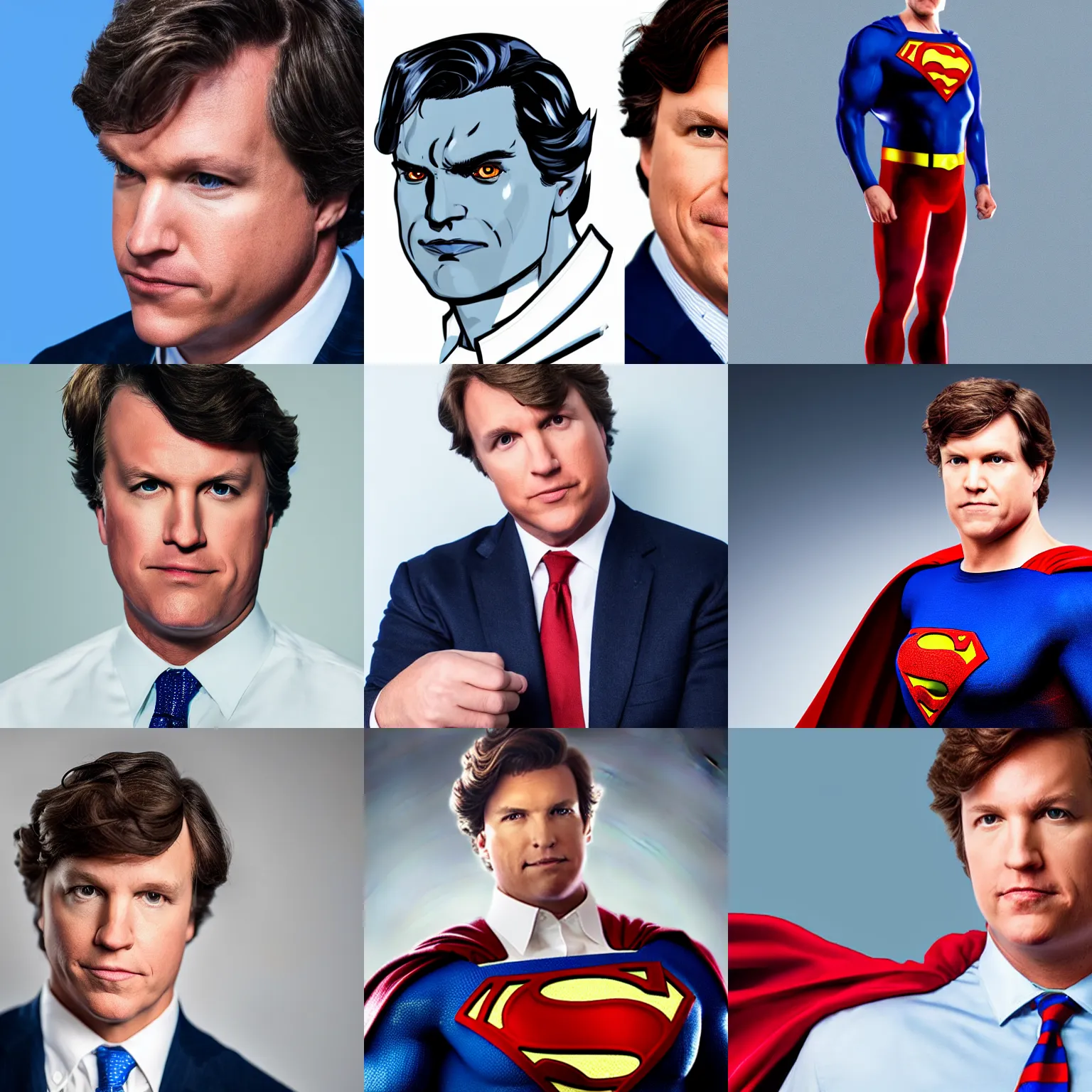 Prompt: portait photo of Tucker Carlson as Superman, studio lighting, solid white background, hyperrealistic, 8k, artstation, professional photo.