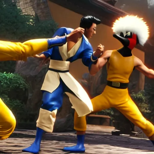 Image similar to gameplay screenshot of bruce lee vs donald duck in mortal kombat 1 1,