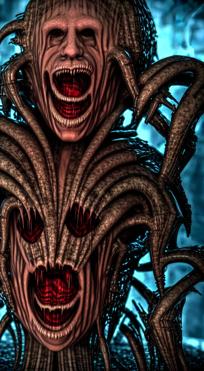 Image similar to gary busey as a monster designed by hr giger, colorful horror video game, sci fi horror,, body horror, unreal engine, octane render, depth of field, cycles render, hd