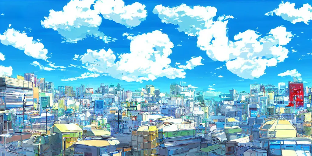 Prompt: a beautiful digital drawing of a bright day in a city, anime styled, digital painting, blue sky, clouds