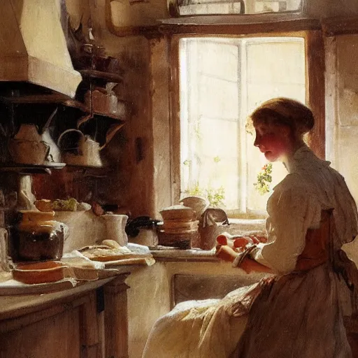 Prompt: a young edwardian woman baking bread in a cozy french kitchen, in the style of Anders Zorn