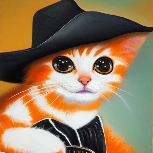 Prompt: a portrait of an orange kitten wearing a cowboy hat and a black leather jacket, oil painting, detailed