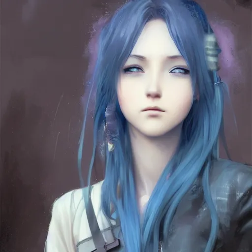 Prompt: painterly a blue haired anime girl in a caffe in paris, official art, character art. anime style, detailed portrait, by charlie bowater, by jeremy lipking, by studio ghibli, photorealistic digital art, rainy street, octane render