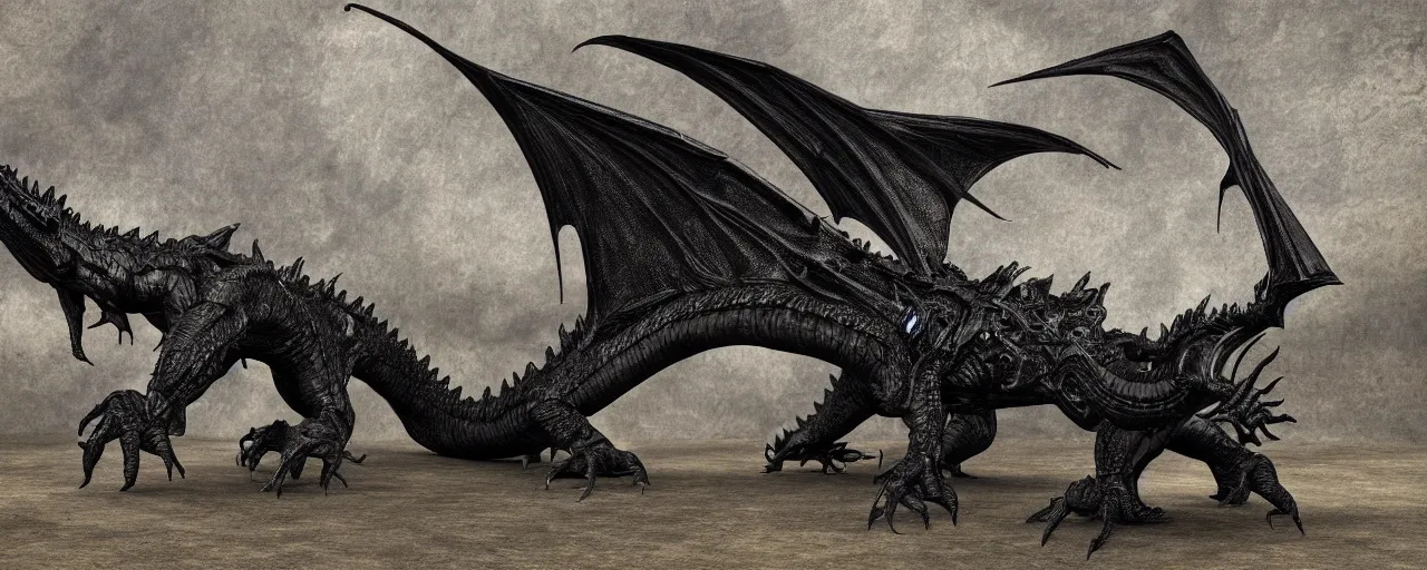 Image similar to full body, side perspective, large black scaled dragon, 3D, 8k resolution, by H R Giger