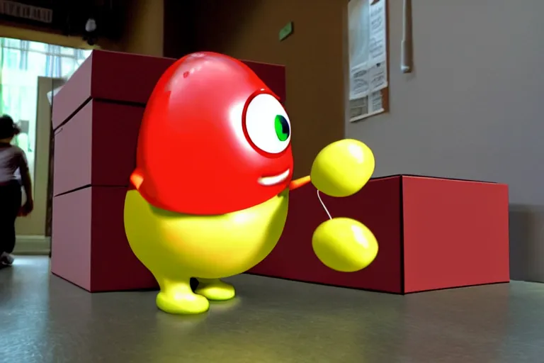 Prompt: an anthropomorphic jelly bean, moving a box, pixar