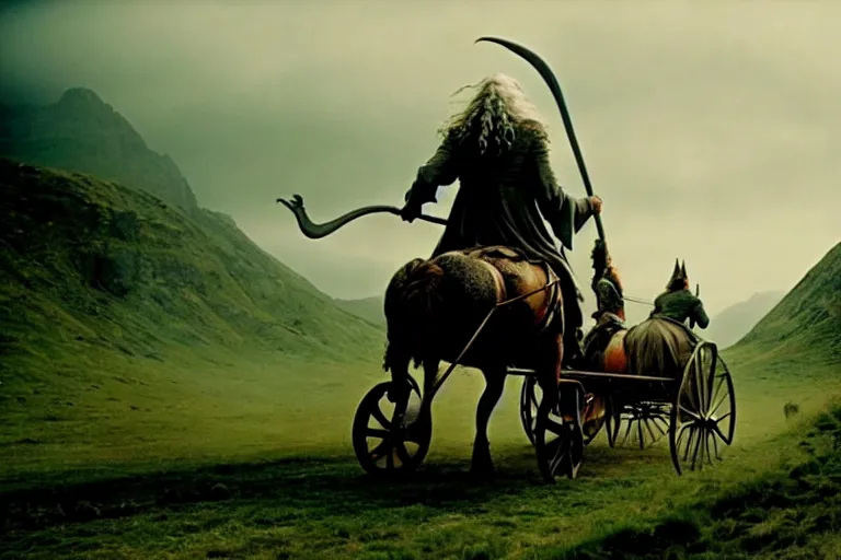 Image similar to gandalf riding into the shire on a horse drawn cart, style of h. r. giger, cinematic, movie still, cgi, directed by ridley scott