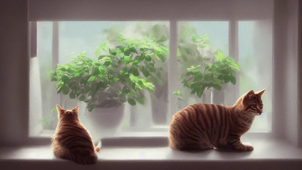 Prompt: beautiful peaceful dreamy painting of a content tabby cat sitting by a window and looking outside, sunshine coming through the window, small plants on the window sill, 8k, hyper realism, trending on artstation, octane render