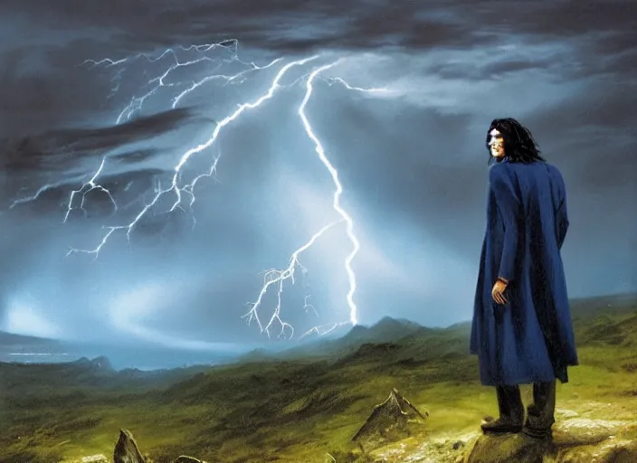 Image similar to a man with a long wavy black hair wearing a long blue coat and stands in the foreground with his back to the viewer. he is on bare rocky ground looking up at an immense approaching lightning storm. roiling dramatic threatening dangerous looming clouds. dramatic fantasy art by michael whelan