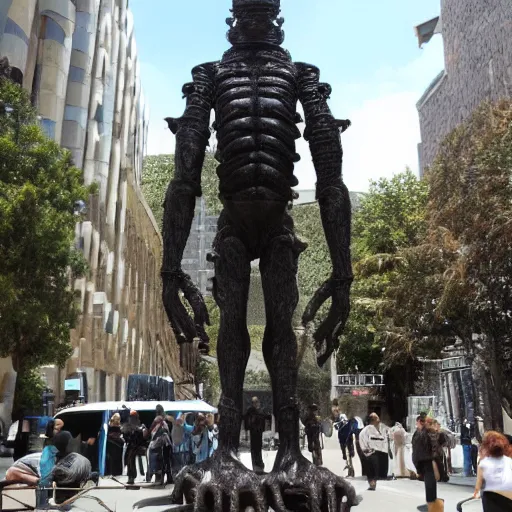 Image similar to giant sculpture of eldrich alien god, made of black stone, worshipped by crowd of neanderthals