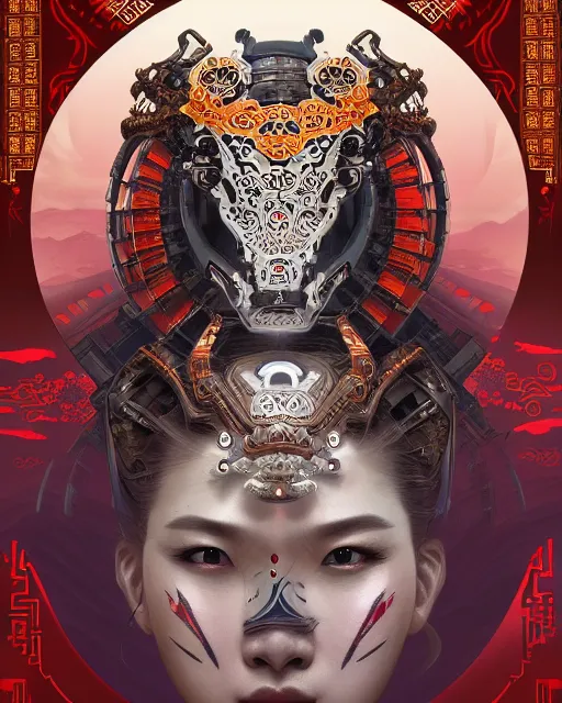 Prompt: portrait of a machine from horizon zero dawn, machine face, upper half portrait, decorated with chinese opera motifs, asian, bian lian, traditional chinese art, intricate, elegant, highly detailed, symmetry, digital painting, artstation, concept art, smooth, sharp focus, illustration, art by artgerm and greg rutkowski and alphonse mucha, 8 k