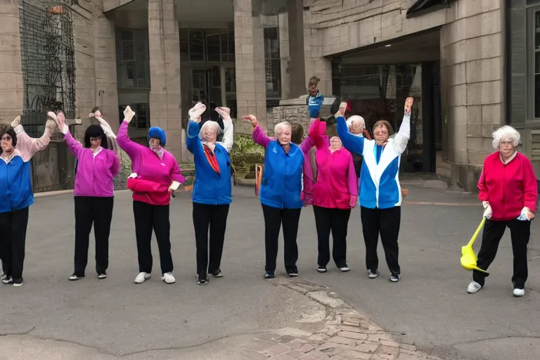 Prompt: a gang of old ladies wearing track suits and waving hammers in th eair, screaming and shouting