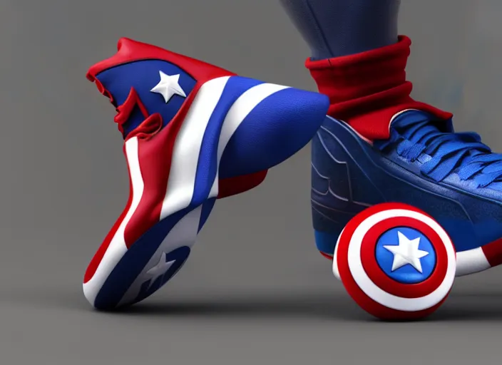 Image similar to basketball sneakers concept of captain america, picture by tim burton, render, cinema 4 d, octane render