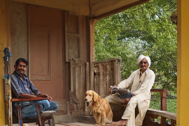 Image similar to Indian man on the country western porch with his golden retriever by Steven Spielberg