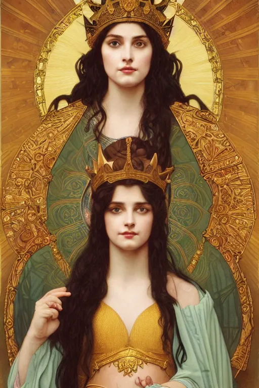 Image similar to Portrait of historically accurate, biblical, sneering, young, wicked, terrible, evil, pagan, beautiful, queen jezebel of ancient Israel, wearing gilded robes, long hair, intricate, elegant, highly detailed, masterpiece, illustration, art by artgerm and greg rutkowski and alphonse mucha and Wayne Barlowe and william-adolphe bouguereau, highly detailed, trending on artstation, award winning