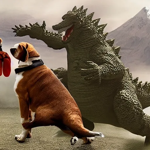 Image similar to photo of gigantic beagle fighting with godzilla