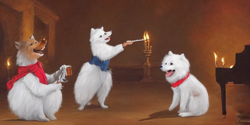 Prompt: Oil painting of cute furry white pomeranian singing opera in theatre, on stage with torches