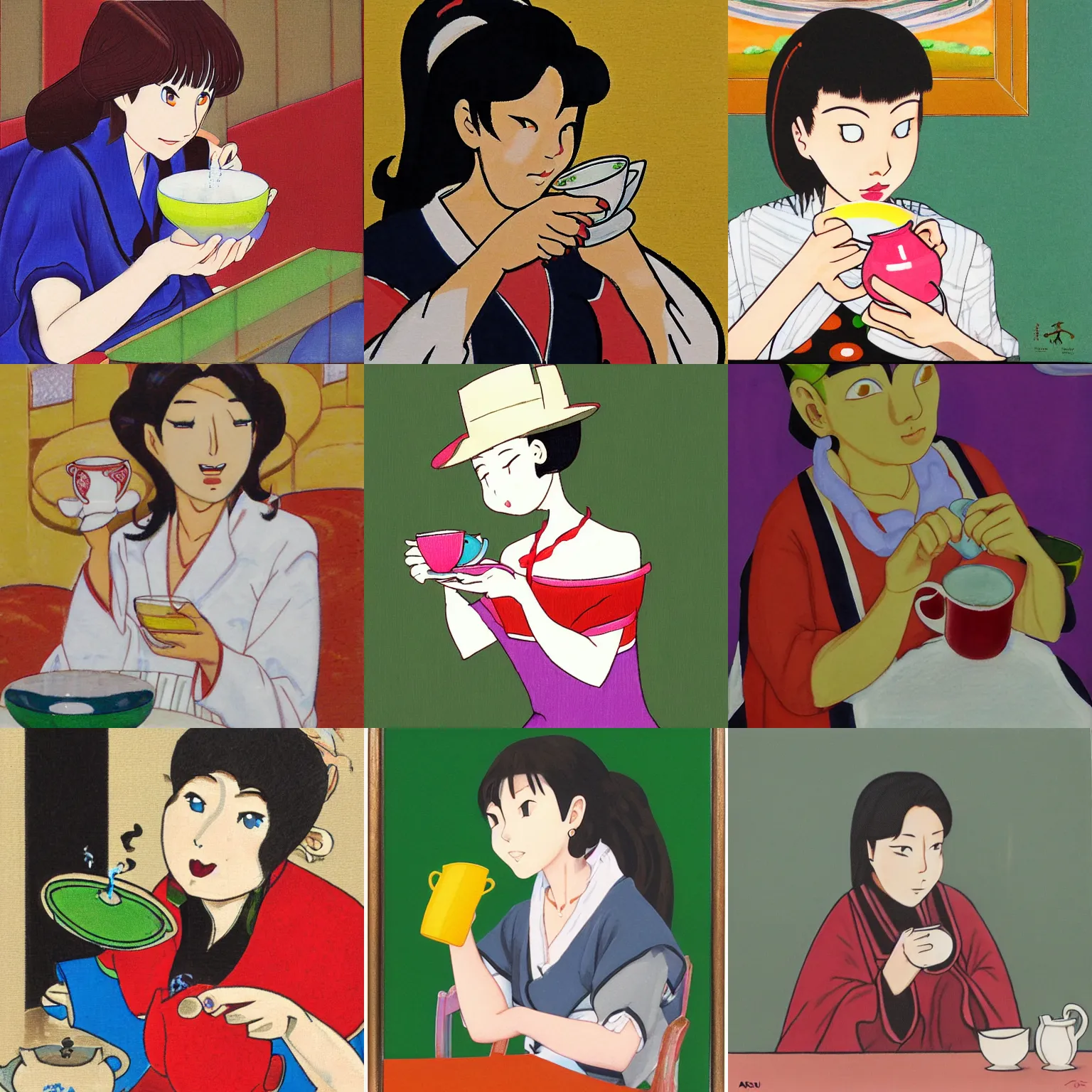 Prompt: Woman drinking tea by Sugimori Ken