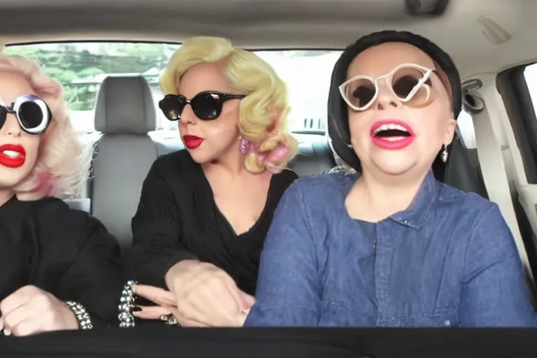 Image similar to lady gaga and judy garland carpool karaoke, highly realistic, highly detailed, high resolution, 8 k 4 k,